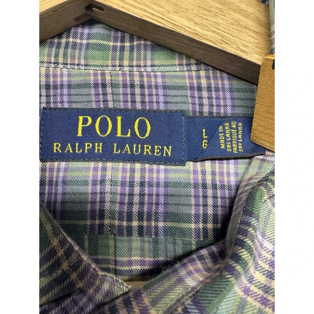 Polo Ralph Lauren Mens L Plaid Button Down Shirt Purple Green Long Sleeve Cotton
